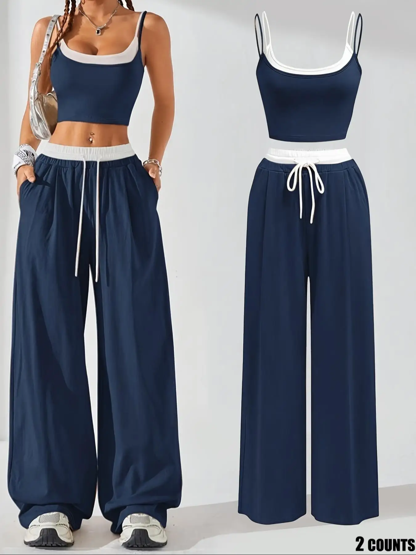 Two-Piece Set Women's Colorblock 2 in 1 Cami Top & Wide Leg Pants Set, Casual Sleeveless Top & Pocket Trousers, Ladies Summer Clothes