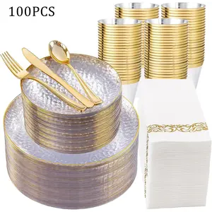100 Piece Transparent Gold Plastic Plates Set, Elegant Plastic Plates, Hammered Disposable Tableware, Includes 10 Dinner Plates, Dessert Plates, Cups, Napkins