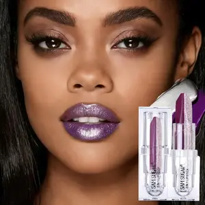 Dual-Tone Matte Lipstick in Plum Purple & Shimmer Silver White, 24H Long Lasting Waterproof Smudgeproof Non-Stick Cup Lip Makeup, High Pigment Glitter Lipstick with Shiny Finish, Ideal for Daily, Party, Festival, Beauty Gift for Women