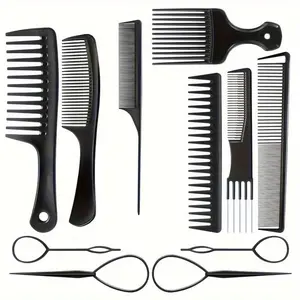 11 Packs Black Wide Tooth Rat Tail Styling Combs Pick for Curly, Women Hair Comb Set, Teasing Parting Fine Professional Barber Cutting Braiding Set