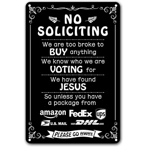 8x12 in Durable Rectangle Weather-Tough Metal Character-Based No Soliciting Front Door Plaque - Pre-Drilled for Easy Install, Funny "We're Voting for Jesus" Sign, Deters Solicitors, Express Personality Home Decor Gift