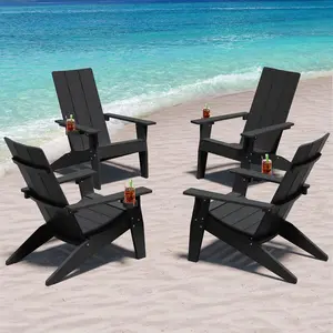 Set of 4 Oversized Modern Adirondack Chairs with Cup Holder Weather Resistant Plastic Outdoor Fire Pit Seating Patio Furniture for Lawn Deck in Black