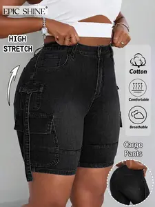 Plus Size Women's Denim Shorts, Bottom, Western Style, Elastic Waist, Casual Multi-Pocket Design, Comfortable Daily Wear, Knee-Length
