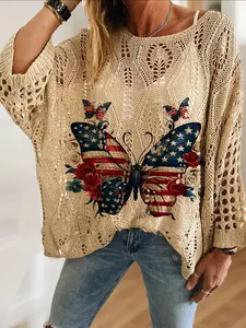 Elegant Butterfly Floral Star Striped Long Sleeve Knit Top, Loose Batwing Shoulder Design, Comfortable Breathable Casual Women's Shirt