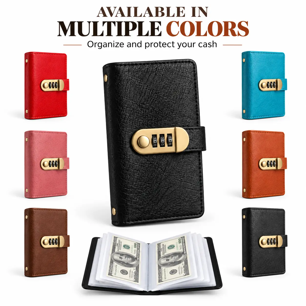 A6 Money Organizer Binder with 3-Digit Resettable Lock, PU Leather Cash Savings Book, Large Capacity Storage for Bills & Important Items