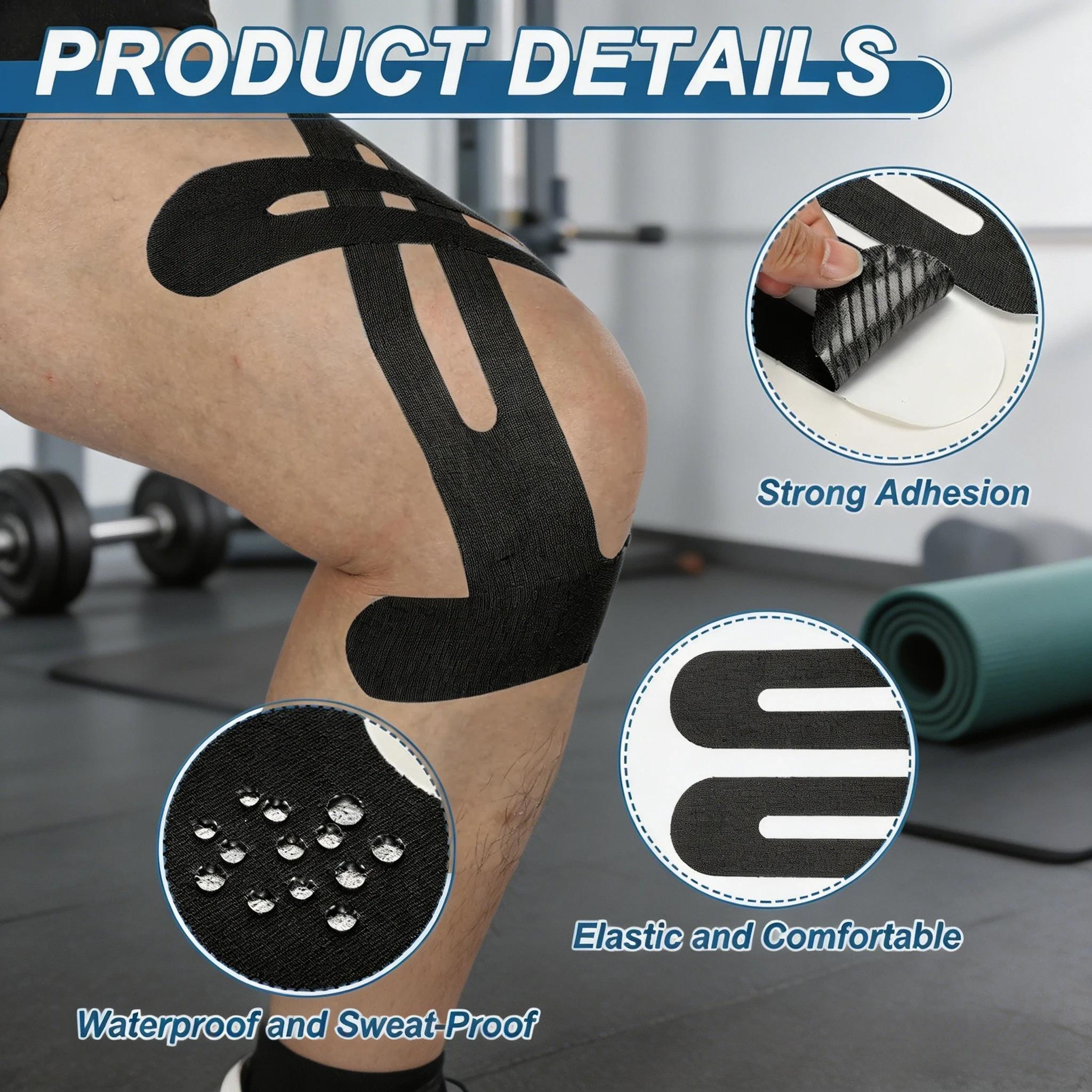12 Pack Kinesiology Tape for Knees – Precut Athletic Tape, Waterproof & Breathable, Strong Adhesion Elastic Sports Tape for Pain Relief, Muscle Strain, Joint Support (Black)