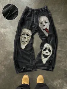 Men's Casual Cotton Pants, Ghost Face Print, Drawstring Waist, Street Style, Ankle Length, All Seasons, Ideal for Outdoor & Parties