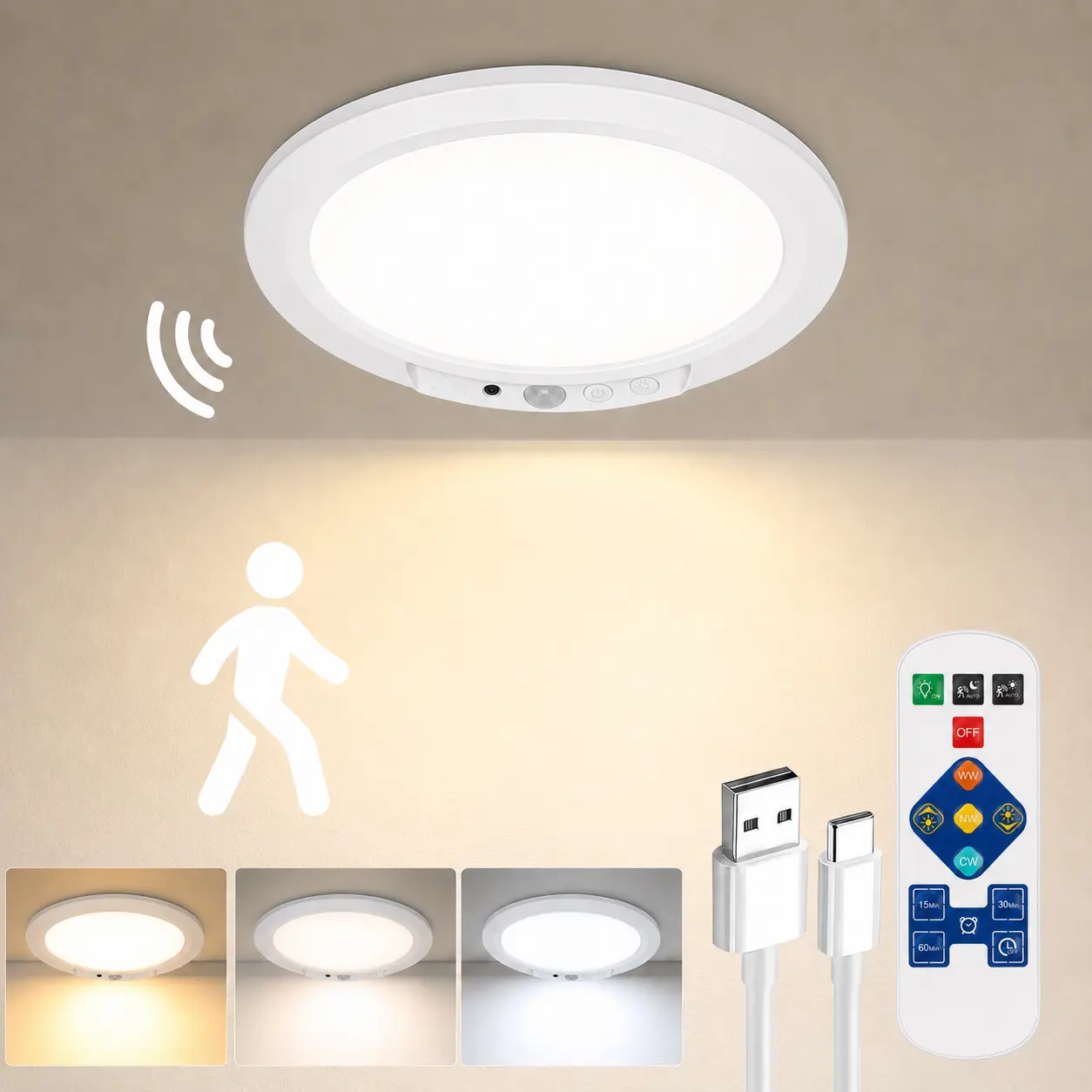Rechargeable Motion Sensor Ceiling Light - Magnetic Wireless Battery-Powered Light with Remote, 3-Color Dimmable for Closet, Garage (Home Improvement Indoor Lighting) bathroom luz scenario