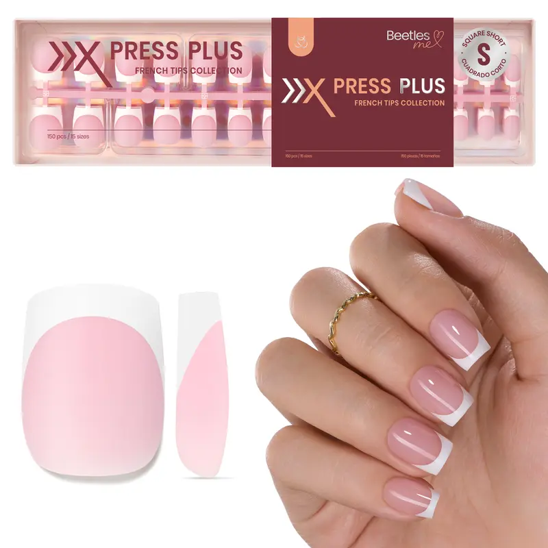 Beetles French Tip Press On Fake Nails Extensions, 150 Pcs Short Square Decorative Tips, 15 Sizes, Pre-Colored Soft Gel, Easy Application for Polished Look Manicures, Glue Not Included, Multiple Color Options for DIY Nail Art
