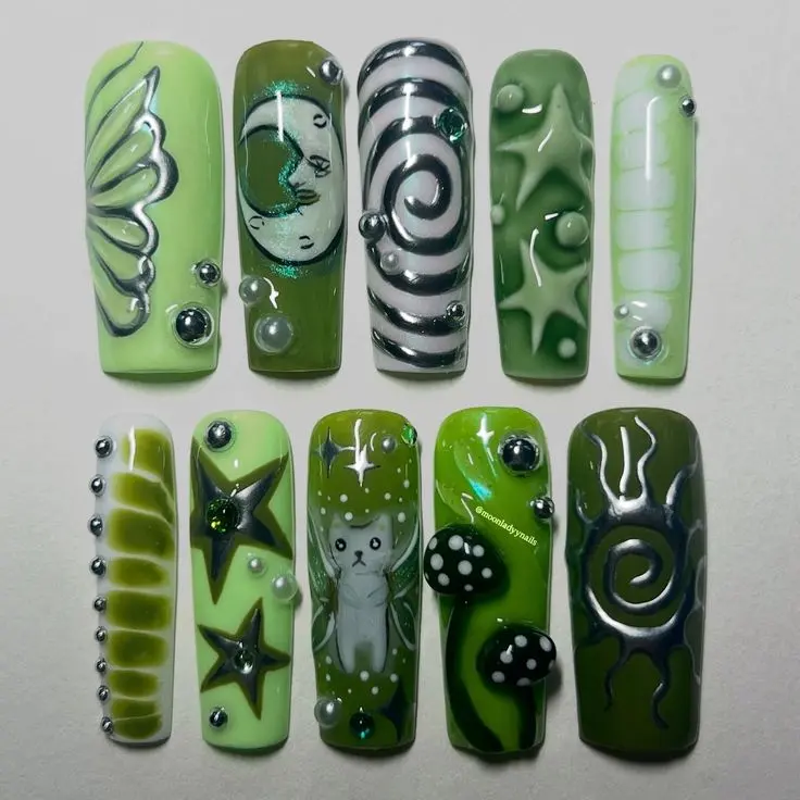 Handmade Mystic Green Fairy Cat Press On Nails | 3D Moon Mushroom Glitter Almond Fake Nails with FREE Adhesive Tabs FREE Nail File FREE Cuticle Stick