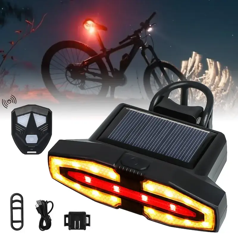 Solar-powered bicycle light featuring 5 lighting modes, bicycle tail light, USB rechargeable bicycle brake light, suitable for road, mountain, nighttime cycling, and road cycling equipment.