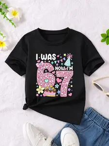Girls' "I Was 6, Now I'm 7" 7th Birthday T-Shirt - Age 7 Outfit with Number Print, Casual Round Neck Summer Top, Cartoon Print Tee Suitable for 7-Year- Girls' & Casual Attire