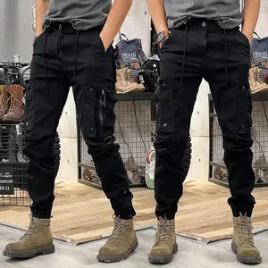 Tactical Cotton Cargo Pants for Mens Elastic Casual Trousers Zipper Multi-Pocket Joggers Fashion Khaki Black Army Green