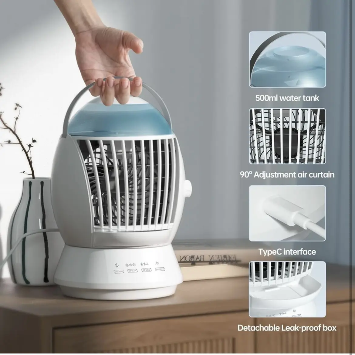 Portable Air Conditioners, Waterproof motor, 3 Wind Speed, 3 Stage Spray, Mini Oscillating Air Cooler, Personal Mini Air Cooling Fan for Room Car Office (White)