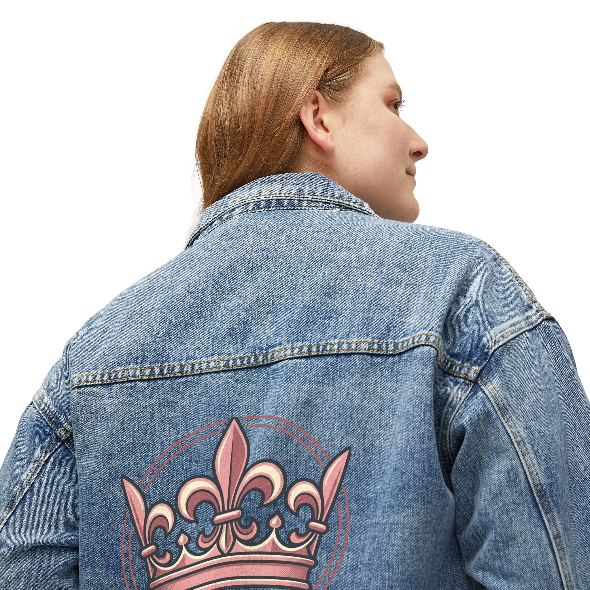 Women's Blush Pink Oversized Cotton-Blend Denim Jacket - Everyday Long-Sleeve Coat with Crown Queen Graphic, Statement Lapel, Button-Up, Woven, Pockets, Tee-Friendly, Cool Iron, Flat Dry Only, Do Not Dry Clean
