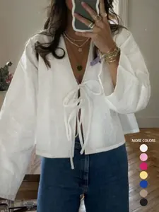 Women's Plain Woven Tie Front V Neck Blouse, Casual Long Sleeve Top for Spring & Fall, Women's Clothing for Daily Wear