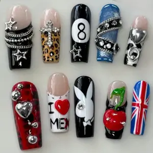 HEAVY METAL PUNK | Y2K Gothic Press On Nails | 3D Playboy Bunny & Magic 8-Ball Fake Nails | Leopard Cross Cherry Pierced Set | Custom Handmade Long Square Nails 2026