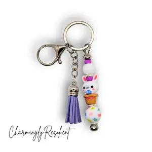 CharminglyResilient Cute Bunny Keychain with Purple Tassel and Floral Bead Charm for Kids and Adults