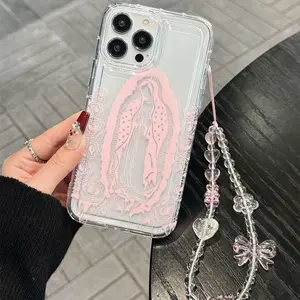 Virgin Mary Pattern Phone Case with Chain, Protective Clear Phone Cases for iPhone 15 Pro Max 14 Plus 13 Pro Max 12 11 XR XS Max, Phone Accessories, Cover
