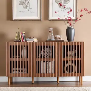 CANMOV Slatted Buffet Sideboard, 55" Credenza Storage Cabinet with 3 Doors and Adjustable Shelves for Kitchen, Dining Room, Living Room, Entryway
