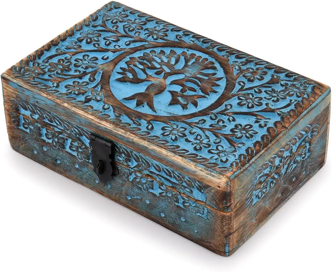 Wooden Jewelry Organiser - 8x5x2.5 in Tarot Trinket Box, Celestial Witch Home Decor with Tree of Life Design, Durable Freestanding Decorative Storage Bin with Latch