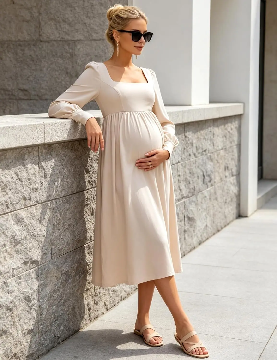Maternity Midi Dress Square Neck Long Sleeve Baby Shower Outfit | Square Neck Long Sleeve Maternity Dress, Soft Stretch Empire Midi Gown w/ Puff Cuffs, Baby Shower, Wedding Guest & Daily Wear