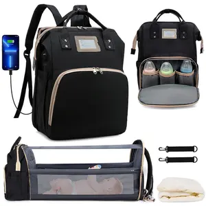 GEDP Diaper Bag Backpack, Multifunctional Baby Changing Bag with Foldable Crib & Insulated Milk Bottle Pocket, Large Capacity Travel Backpack with USB Charging Port & Stroller Strap