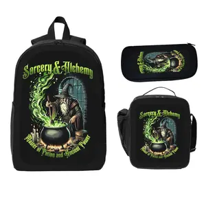 Dark Magic-Inspired Three-Piece Backpack Set Gothic Wizard Alchemy Design Black and Fluorescent Green Combo with Sorcery & Alchemy Theme