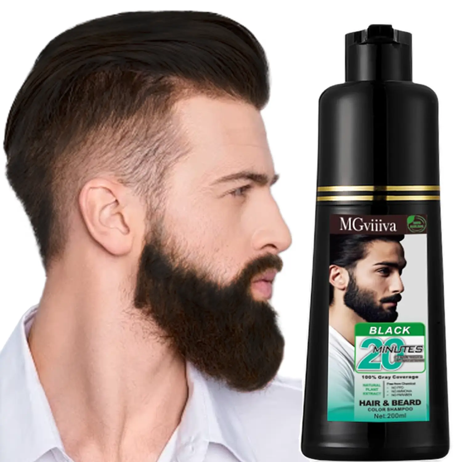 Men's Mustache Dye Shampoo, 3 IN 1 Hair Color Dye Shampoo with Argan Oil & Noni Fruit Extract for Long Lasting and Permanent Black Color, Comfort Hair Dye Bubble Hair Dye，Father's Gifts, 200ml