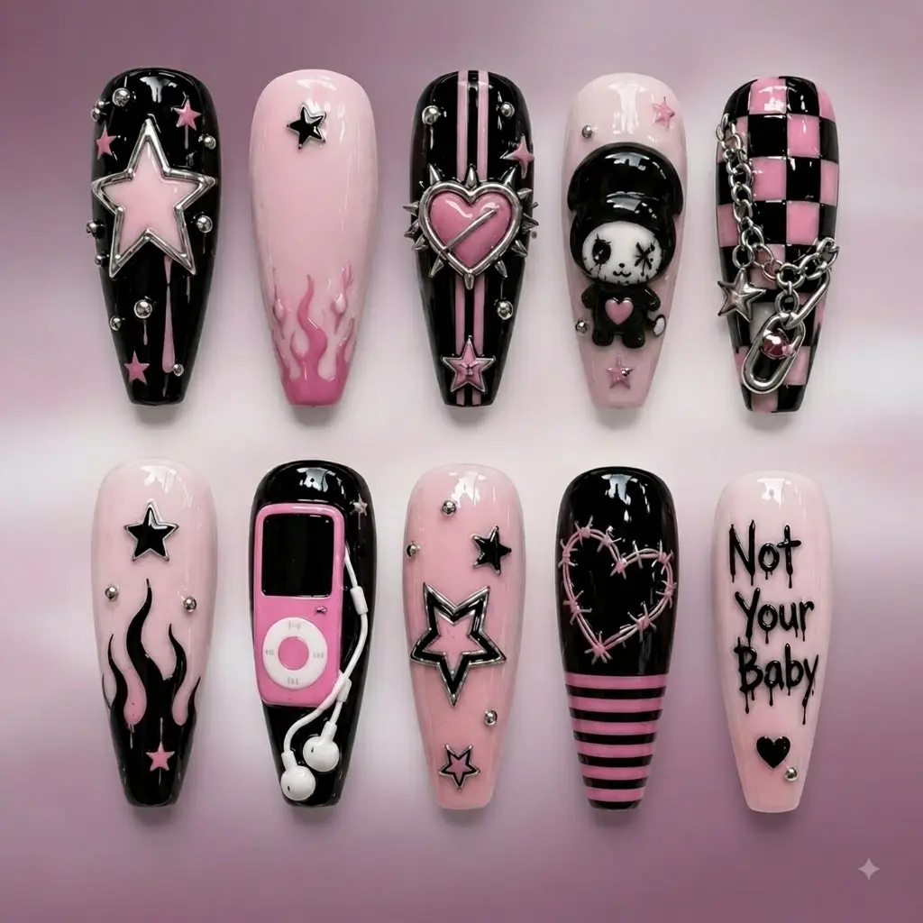 [New Model] 10 PCS Handmade Press on Nails, Red Black Lucky Charm Press On Nails, 8 Ball Dice Plaid Cherry Nail Art,Long Square Y2K Punk Nails, Handmade Reusable Fake Nail Set Gift, Handmade Nail Art
