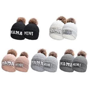 Embroidered Mother and Child Knitted Hat Outdoor Cycling Travel Warm Knitted Hat, Parent-Child Plush Hat Set, Suitable for Mom and Child Family Knitted Hat