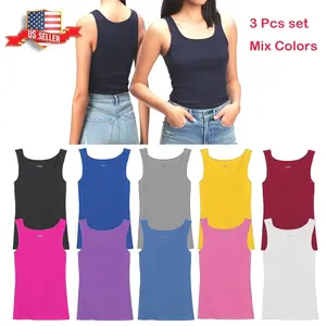 3Pcs Women 100% Cotton Round Neck Ribbed Tank Top Sleeveless Shirts Mix Colors Comfort Womenswear Day Pieces Style Tube