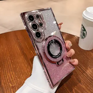 [KQ]For Samsung Galaxy S25 S24 S26 Ultra S23Ultra Magnetic Kickstand Glitter Case, [Compatible With Magsafe] Cute Bling Sparkly Diamond Rhinestones With Camera Protector Women Girls Case For Galaxy S25 Ultra
