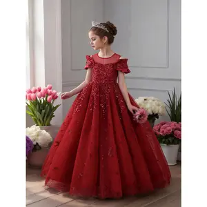 Red Sequin Mesh Girls' Princess Dress with Bow And Star Decorations - Ideal for Wedding Flower Girls, Birthday Parties, Christmas, And Gatherings