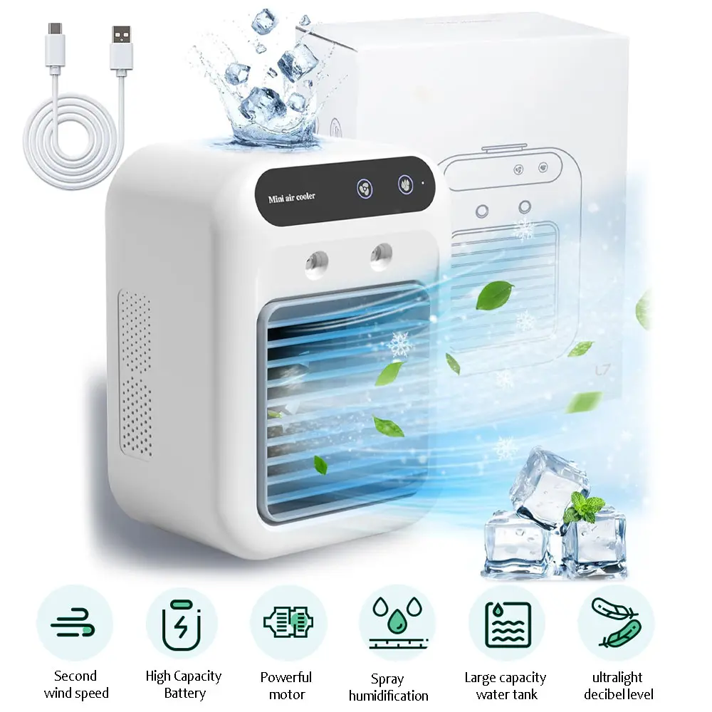 【BackToSchool】Portable Car Air Cooler Fan - 3‑in‑1 Portable Fan with 2 Mist Speeds, 25W Motor, 1800mAh Battery, 500ml Tank, USB Adapter, Cooling Sleep Mode, Small Footprint for Car, Truck, RV, Bedroom, Camping (Not an AC Unit)