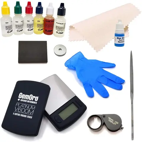 GemOro Precious Metals Testing Tools Kit - 10k,14k,18k,22k Gold Testing Solutions, Silver-Platinum Acid, Neutralizer, Loupe, Scale, File, Rare Earth Magnet, Polishing Cloth, 2" x 2" Test Stone, 5 ml Bottles for Casual & Business Use
