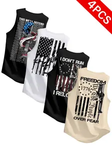 Men's Summer Sleeveless T-Shirt, Flag Pattern Print Series, Casual Summer Tee, Casual Comfortable Top, Casual Comfy Fashion, Ideal for Outdoor Fitness, 4-Pack Set