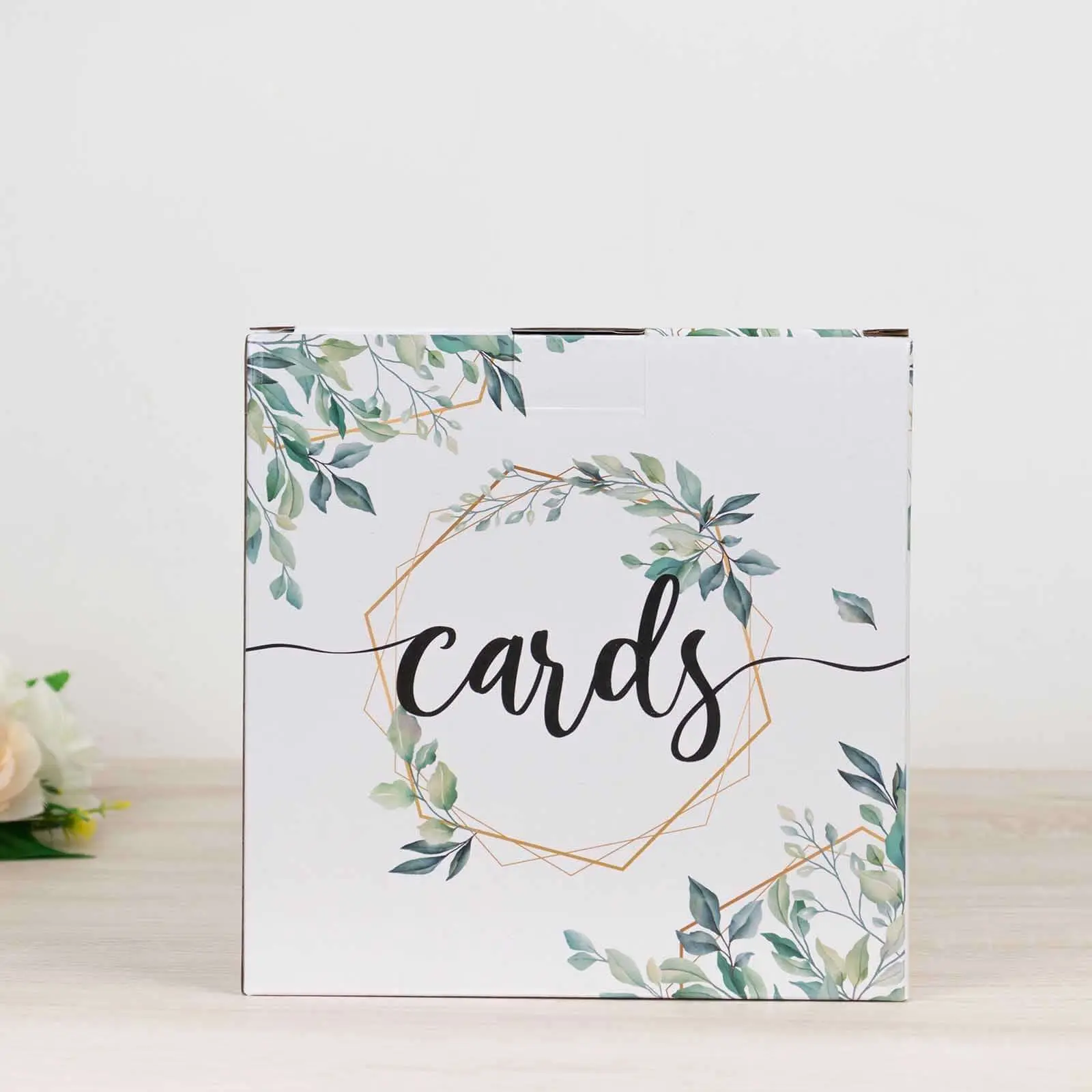 Modern 8"x8" Wedding Card Box - Greenery Theme Collapsible Office Stationery with Geometric Gold Foil Print, for Baby Shower, Hawaiian Party, Donation Use, Donation Box