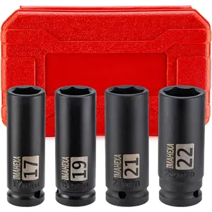 1/2" Drive Deep Large Set, 4-Piece Spindle Axle Nut Metric 6 Point Sockets Set, Metric Sizes(17,19,21,22mm),CO-MO Meterial