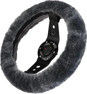 Luxury Fluffy  Steering Wheel Covers  Genuine Merino Sheepskin, Soft Fuzzy  Steering Wheel Cover for Women, Universal 14.5-15" Size, Plush  Cute Auto Accessories, Carbon Black