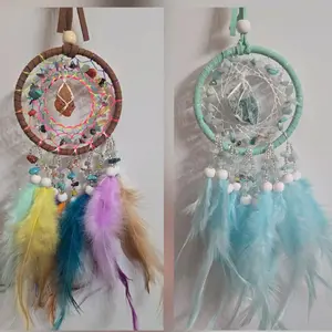 Crystal Web Dreamcatcher Gemstone & Feather Hanging Decor with Colorful Feathers and Beads for Home Decor
