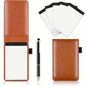 Small Pocket Notepad Holder Set with Pen - 50 Sheets Each, Mini Portable Faux Leather Notebook for Back to School, Offices, Restaurants - Aesthetic Back-to-School Supplies (Brown/Blue/Black)