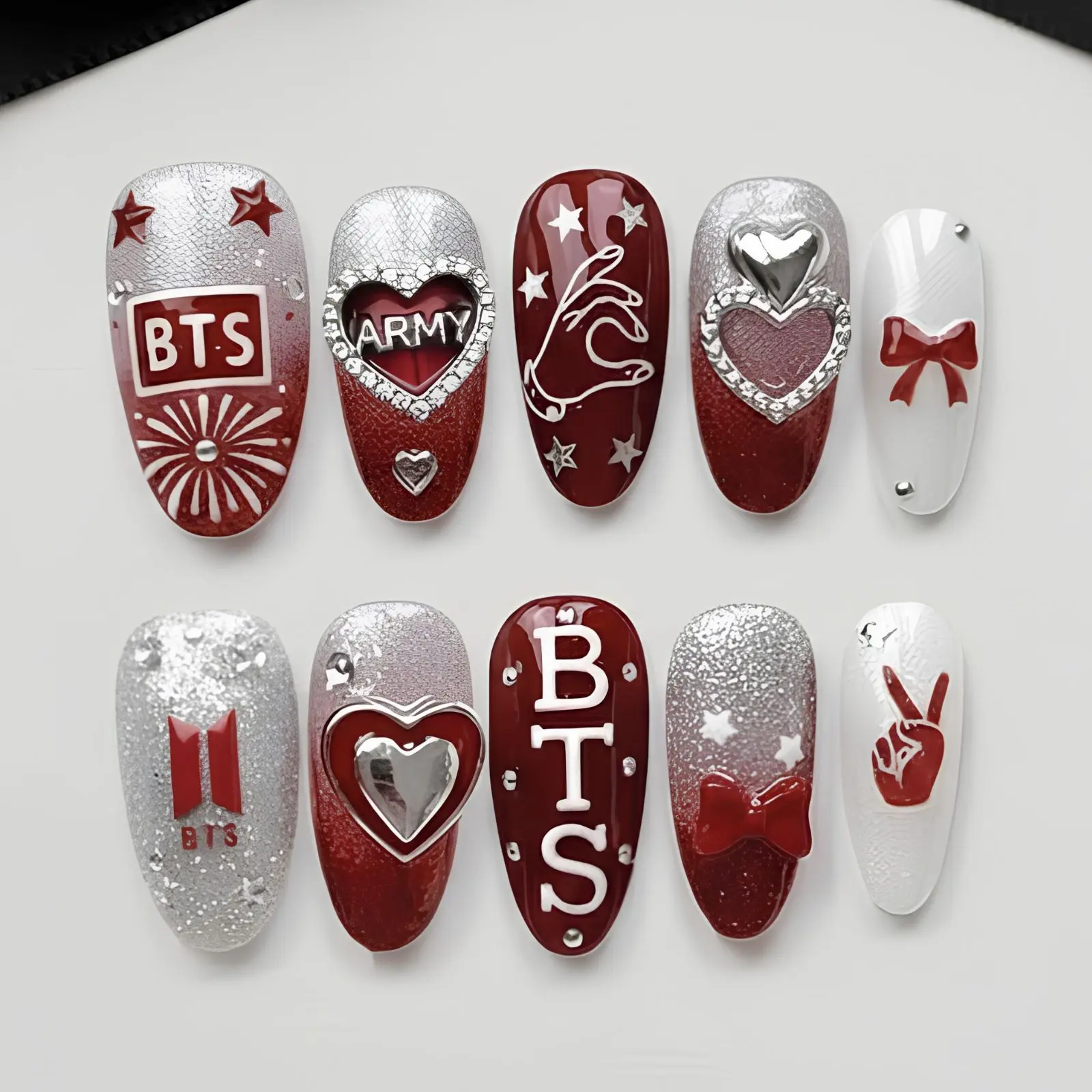 Fandom Inspired Press On Nails | Red & Silver Kpop Concert Nails | Heart Chrome Glitter Fake Nails | Handmade Reusable Gel Nail Set