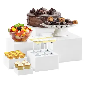 6 Piece Buffet Risers Display Stand for Party, White Acrylic Cube Food Riser with Hollow Bottom, Cupcake Dessert Stand Nesting Storage Box for Catering, Jewelry & Collectibles
