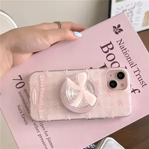Magnetic pink bow phone case with holder For iPhone 11 12 13 14 15 16 17 Pro max