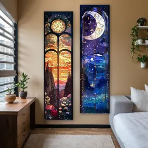 Night Sky Butterfly Moon Vertical Banner Tapestry Wall Hanging Floral Garden Long Narrow Wall Tapestry Blue Golden Aesthetic Art Tapestries Ideal Gifts for Home Enthusiasts Polyester Stitched Edges Wall Decor Flower Pattern Tapestry