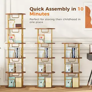 5Tier Rotating Bookshelf, 360 ° Display Stackable Spinning Bookshelf Tower,Round Space Saving Tall Floor Standing Swivel Bookcase Corner Storage Organizer for Bedroom/Living Room/Office