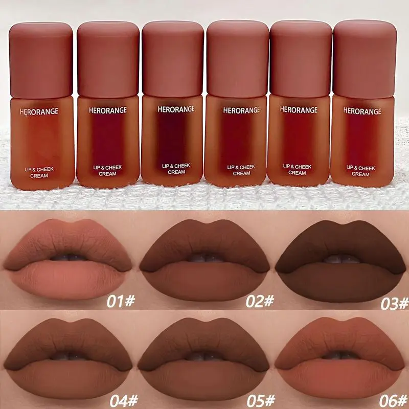 HERORANGE 6-PC Velvet Matte Lip & Eye Stain Set - Silicone-Free, Waterproof, Kiss-Proof, Smudgeproof, Long-Lasting Rich Chocolate Shades, All Skin Types, Professional Stage Makeup Holiday Gift (Matte Lipstick Single Option), Flawless