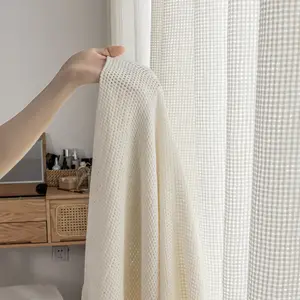 Japanese Style Hollow Out Curtain, Cream Color Linen Fabric, High-End Texture for Bedroom & Living Room, Transparent Window Shade