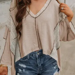 Crochet Patchwork Reverse Seam Top - Beige V-Neckline with Unique Stitching Design